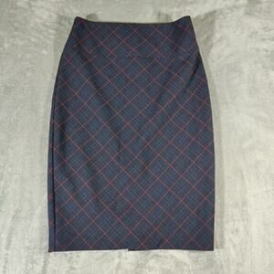 Express Skirt Womens 6 Blue Tartan Plaid Midi Lined Slit Blue‎ Red Pencil Style